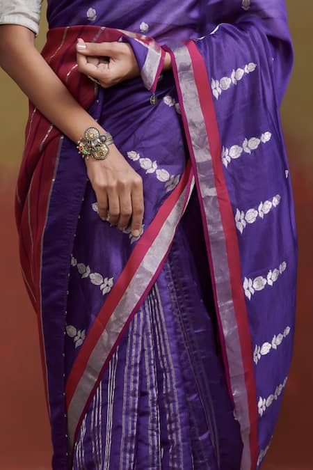 Shop_Dressfolk_Purple Silk Floral Butti Saree With Running Blouse _Online_at_Aza_Fashions