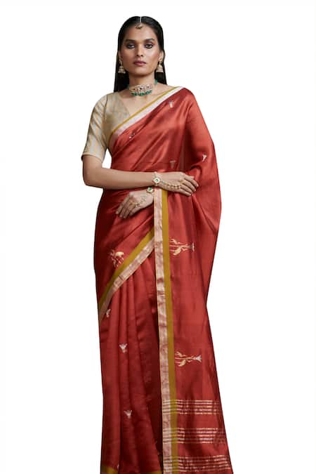 Dressfolk_Red Silk Bird Motif Woven Saree With Running Blouse_Online_at_Aza_Fashions