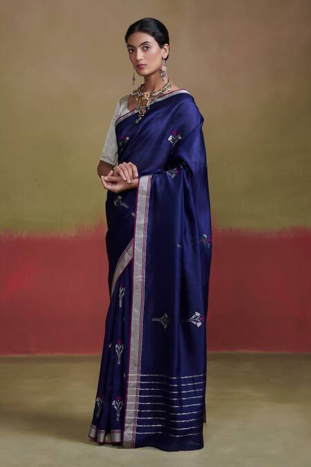 Dressfolk_Blue Silk Embroidery Floral Woven Saree With Running Blouse_Online_at_Aza_Fashions