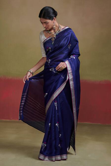 Shop_Dressfolk_Blue Silk Embroidery Floral Woven Saree With Running Blouse_Online_at_Aza_Fashions
