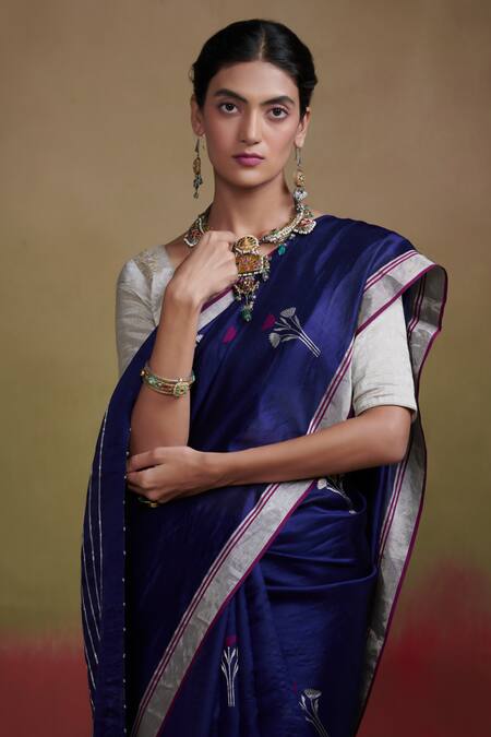 Dressfolk_Blue Silk Embroidery Floral Woven Saree With Running Blouse_at_Aza_Fashions