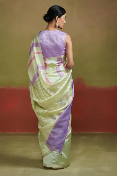 Shop Dressfolk Green Silk Triple Tone Stripe Pattern Saree With Running Blouse at Aza Fashions Shop_Dressfolk_Green Silk Triple Tone Stripe Pattern Saree With Running Blouse _at_Aza_Fashions