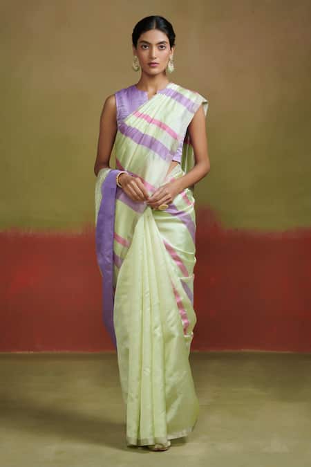 Dressfolk Green Silk Triple Tone Stripe Pattern Saree With Running Blouse Online at Aza Fashions Dressfolk_Green Silk Triple Tone Stripe Pattern Saree With Running Blouse _Online_at_Aza_Fashions