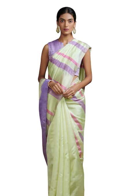 Buy Dressfolk Green Silk Triple Tone Stripe Pattern Saree With Running Blouse Online at Aza Fashions Buy_Dressfolk_Green Silk Triple Tone Stripe Pattern Saree With Running Blouse _Online_at_Aza_Fashions