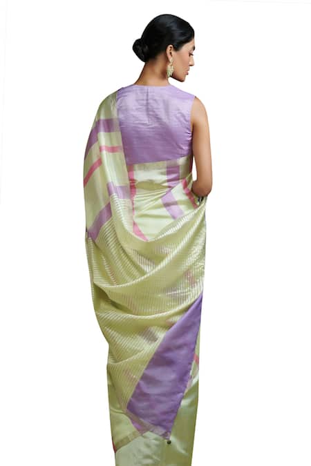 Shop Dressfolk Green Silk Triple Tone Stripe Pattern Saree With Running Blouse Online at Aza Fashions Shop_Dressfolk_Green Silk Triple Tone Stripe Pattern Saree With Running Blouse _Online_at_Aza_Fashions