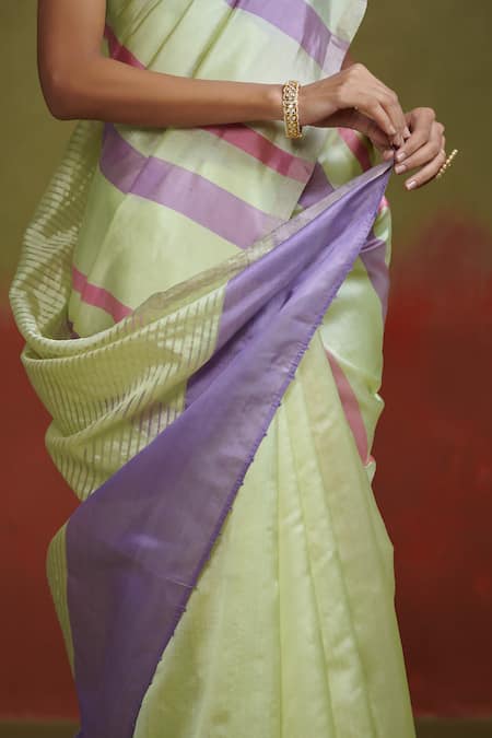 Dressfolk Green Silk Triple Tone Stripe Pattern Saree With Running Blouse at Aza Fashions Dressfolk_Green Silk Triple Tone Stripe Pattern Saree With Running Blouse _at_Aza_Fashions
