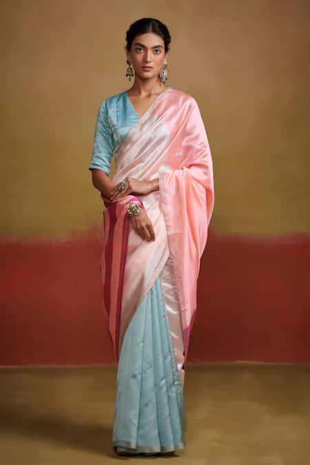 Dressfolk Pink Silk Plain Ombre Saree With Unstitched Blouse Piece 