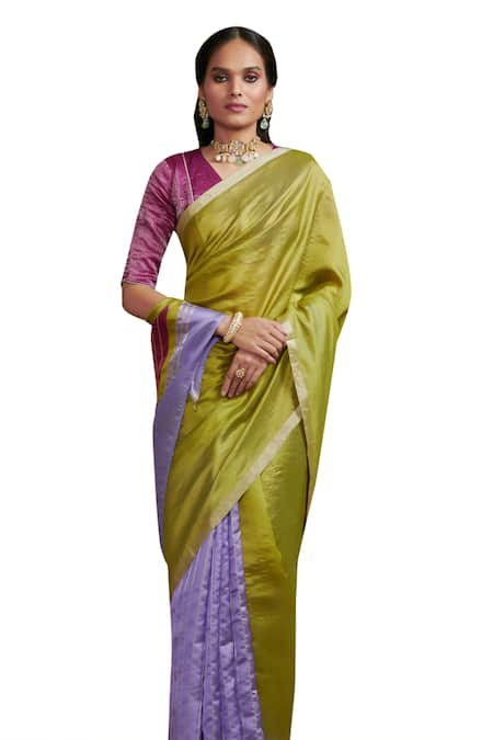 Dressfolk Green Silk Plain Handwoven Two Tone Saree And Unstitched Blouse Piece Set  3