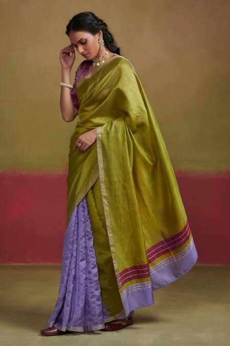 Dressfolk Green Silk Plain Handwoven Two Tone Saree And Unstitched Blouse Piece Set  5