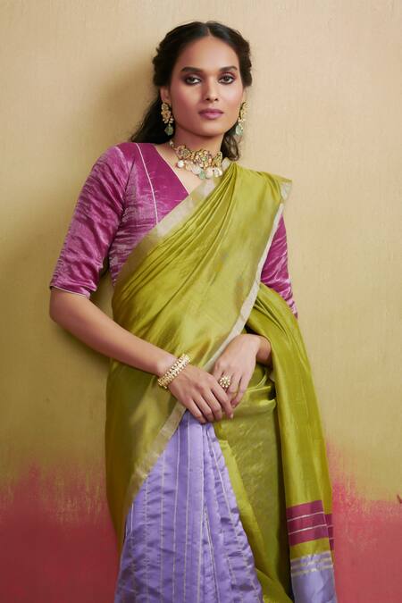 Dressfolk Green Silk Plain Handwoven Two Tone Saree And Unstitched Blouse Piece Set  7