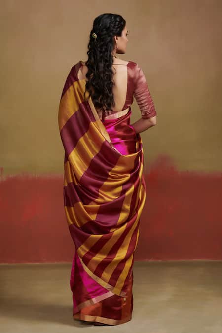 Shop Dressfolk Orange Silk Broad Stripe Saree With Running Blouse at Aza Fashions Shop_Dressfolk_Orange Silk Broad Stripe Saree With Running Blouse_at_Aza_Fashions