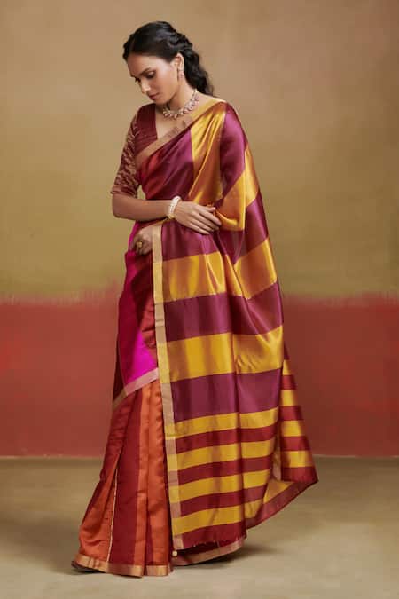 Dressfolk Orange Silk Broad Stripe Saree With Running Blouse Online at Aza Fashions Dressfolk_Orange Silk Broad Stripe Saree With Running Blouse_Online_at_Aza_Fashions
