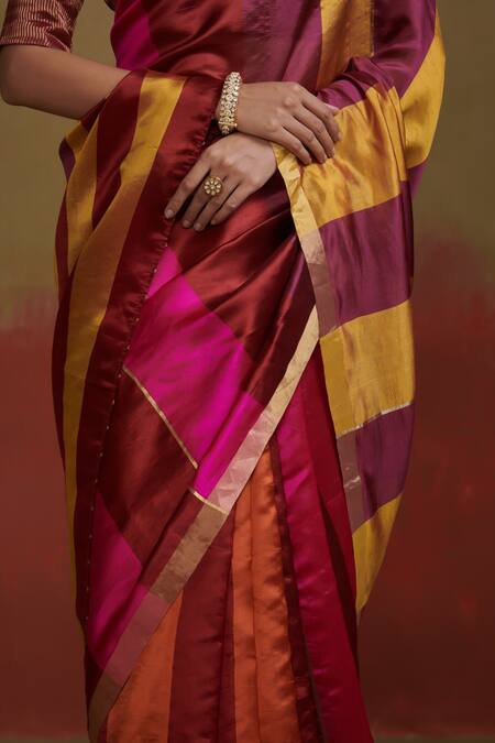 Buy Dressfolk Orange Silk Broad Stripe Saree With Running Blouse Online at Aza Fashions Buy_Dressfolk_Orange Silk Broad Stripe Saree With Running Blouse_Online_at_Aza_Fashions