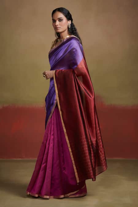 Dressfolk_Magenta Silk Beads Maroon Color Block Saree With Running Blouse_Online_at_Aza_Fashions