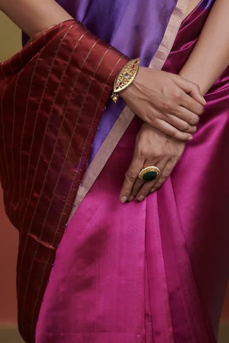 Buy_Dressfolk_Magenta Silk Beads Maroon Color Block Saree With Running Blouse_Online_at_Aza_Fashions