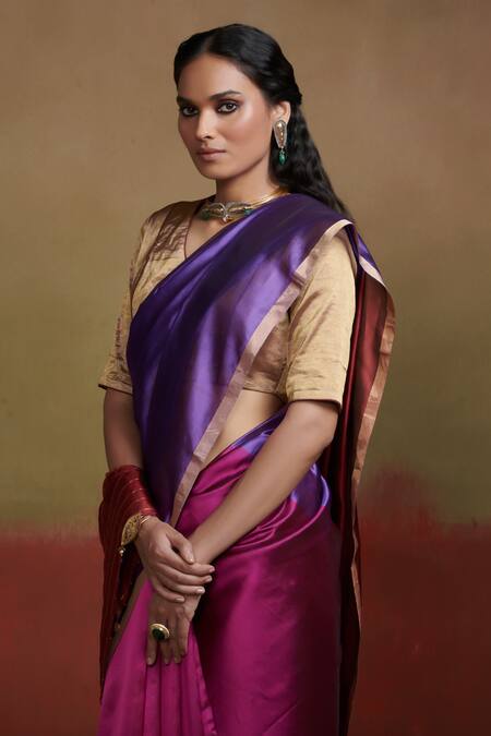 Shop_Dressfolk_Magenta Silk Beads Maroon Color Block Saree With Running Blouse_Online_at_Aza_Fashions