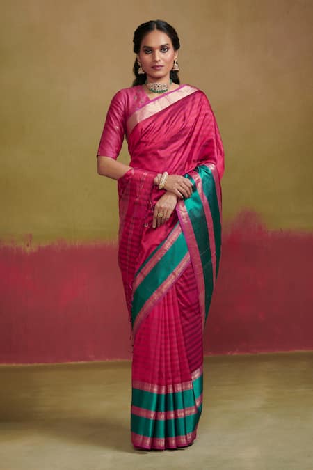 Dressfolk Pink Silk Woven Stripe Tonal Pattern Saree With Unstitched Blouse Piece 