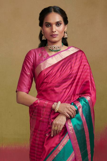 Dressfolk_Pink Silk Tonal Stripe Pattern Saree With Running Blouse_Online_at_Aza_Fashions