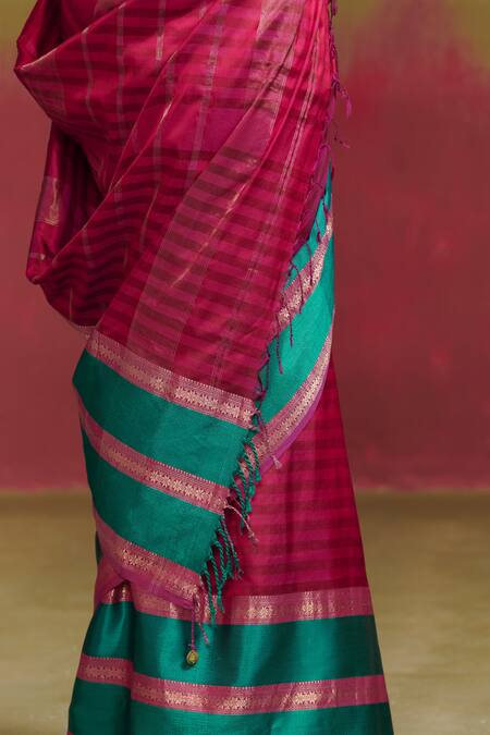 Shop_Dressfolk_Pink Silk Tonal Stripe Pattern Saree With Running Blouse_Online_at_Aza_Fashions