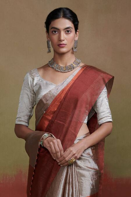 Dressfolk_Silver Tissue Beads Handwoven Zari Work Saree With Running Blouse_Online_at_Aza_Fashions
