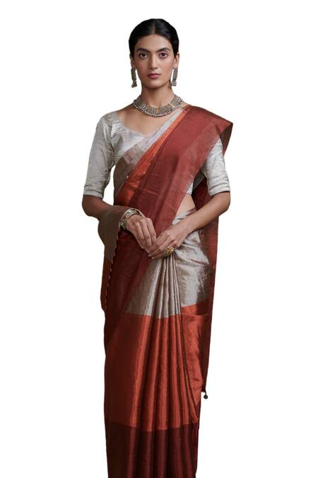 Buy_Dressfolk_Silver Tissue Beads Handwoven Zari Work Saree With Running Blouse_Online_at_Aza_Fashions