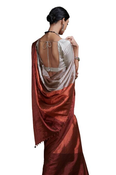 Shop_Dressfolk_Silver Tissue Beads Handwoven Zari Work Saree With Running Blouse_Online_at_Aza_Fashions