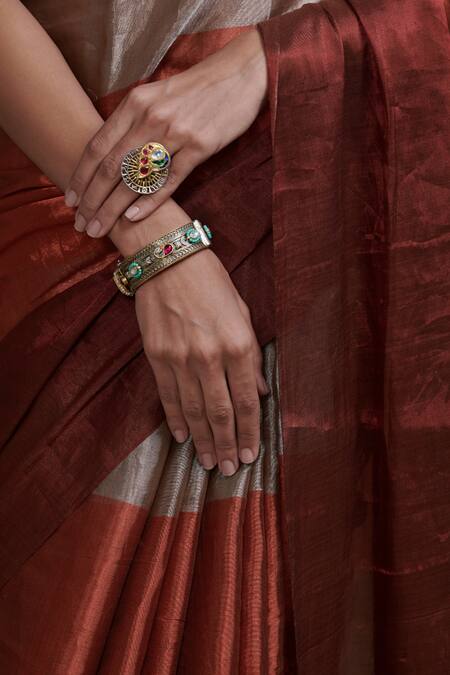 Buy_Dressfolk_Silver Tissue Beads Handwoven Zari Work Saree With Running Blouse