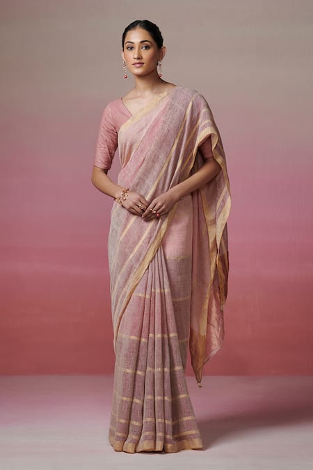 Dressfolk Gold Linen Woven Handloom Saree With Unstitched Blouse Piece 