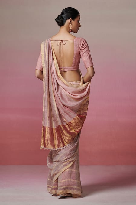 Shop Dressfolk Gold Linen Zari Handwoven Saree Set With Running Blouse at Aza Fashions Shop_Dressfolk_Gold Linen Zari Handwoven Saree Set With Running Blouse _at_Aza_Fashions