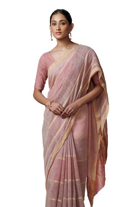 Dressfolk Gold Linen Zari Handwoven Saree Set With Running Blouse Online at Aza Fashions Dressfolk_Gold Linen Zari Handwoven Saree Set With Running Blouse _Online_at_Aza_Fashions