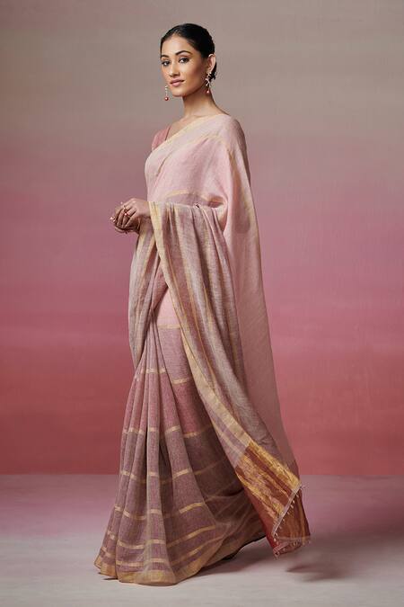 Dressfolk Gold Linen Zari Handwoven Saree Set With Running Blouse at Aza Fashions Dressfolk_Gold Linen Zari Handwoven Saree Set With Running Blouse _at_Aza_Fashions