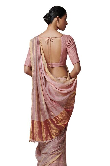 Buy Dressfolk Gold Linen Zari Handwoven Saree Set With Running Blouse Buy_Dressfolk_Gold Linen Zari Handwoven Saree Set With Running Blouse
