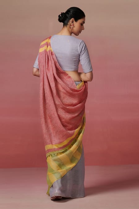 Dressfolk Multicolored Handwoven Linen Saree with Running Blouse 
