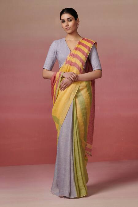 Dressfolk_Multi Color Linen Multicolored Handwoven Saree With Running Blouse _Online_at_Aza_Fashions