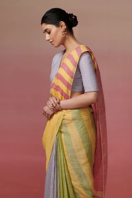 Buy_Dressfolk_Multi Color Linen Multicolored Handwoven Saree With Running Blouse _Online_at_Aza_Fashions