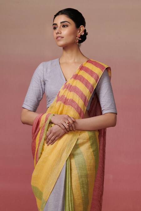 Shop_Dressfolk_Multi Color Linen Multicolored Handwoven Saree With Running Blouse _Online_at_Aza_Fashions