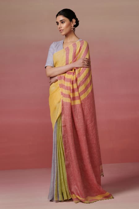 Dressfolk_Multi Color Linen Multicolored Handwoven Saree With Running Blouse _at_Aza_Fashions