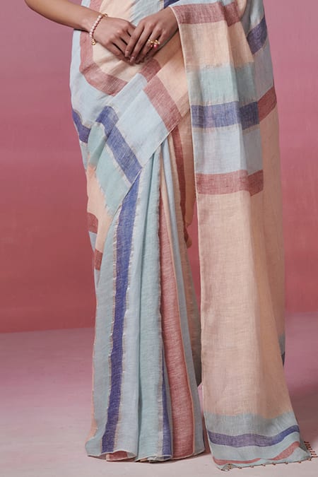 Dressfolk_Pink Linen Beads Handwoven Saree With Running Blouse _Online_at_Aza_Fashions