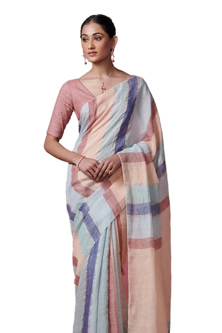 Buy_Dressfolk_Pink Linen Beads Handwoven Saree With Running Blouse _Online_at_Aza_Fashions