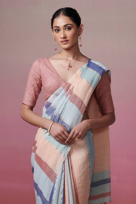 Shop_Dressfolk_Pink Linen Beads Handwoven Saree With Running Blouse _Online_at_Aza_Fashions
