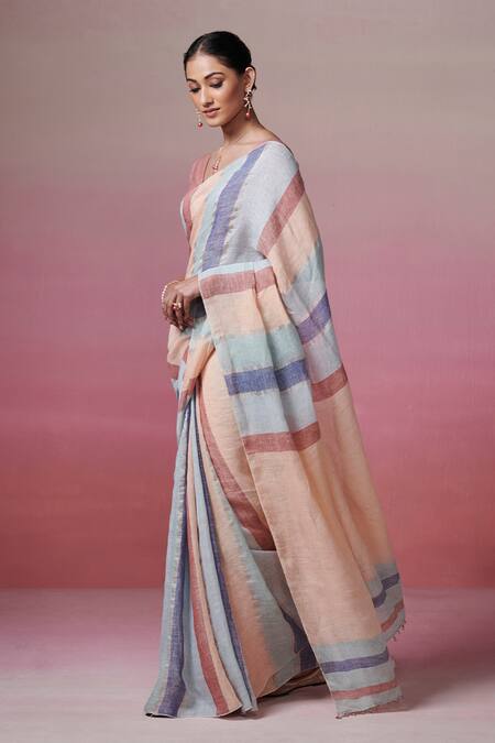 Dressfolk_Pink Linen Beads Handwoven Saree With Running Blouse _at_Aza_Fashions