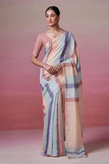 Dressfolk Blue Linen Woven Stripe Pattern Saree With Unstitched Blouse Piece 