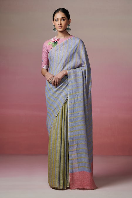 Dressfolk Handwoven Linen Striped Saree With Unstitched Blouse Piece 