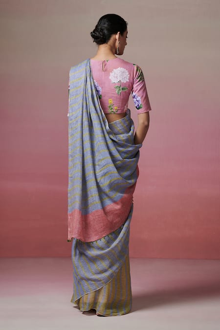 Dressfolk Handwoven Linen Striped Saree with Running Blouse 