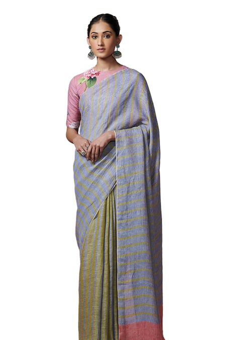 Dressfolk_Green Linen Handwoven Striped Saree With Running Blouse _Online_at_Aza_Fashions