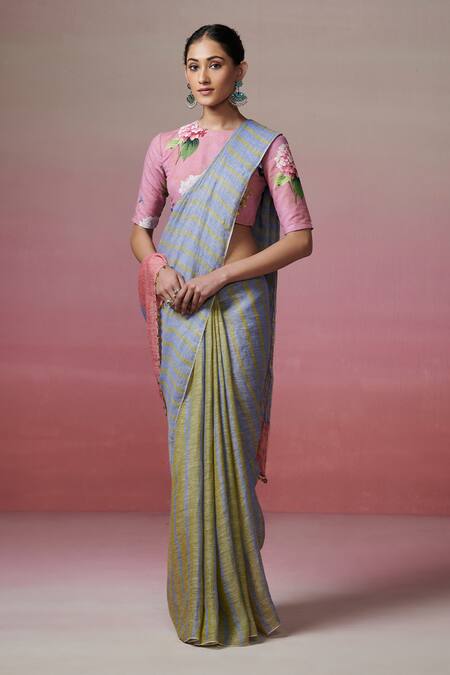 Buy_Dressfolk_Green Linen Handwoven Striped Saree With Running Blouse _Online_at_Aza_Fashions