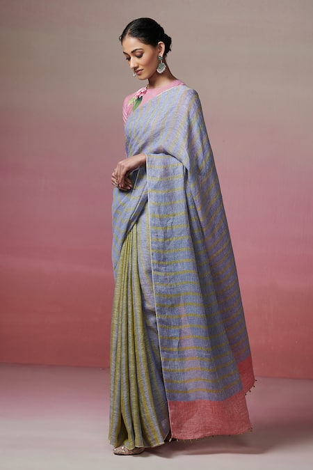 Shop_Dressfolk_Green Linen Handwoven Striped Saree With Running Blouse _Online_at_Aza_Fashions