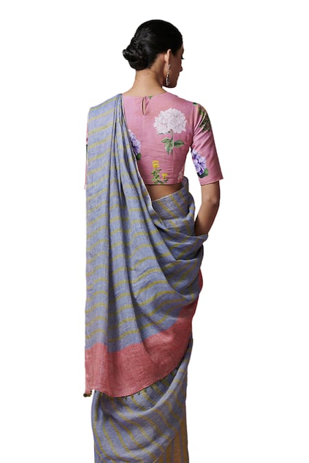 Dressfolk_Green Linen Handwoven Striped Saree With Running Blouse _at_Aza_Fashions