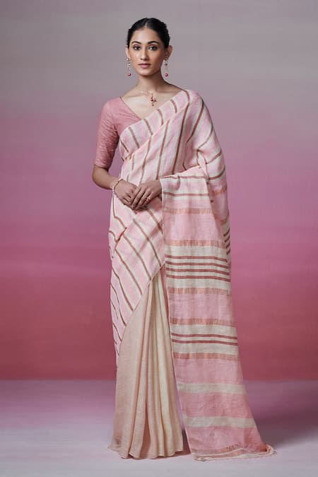 Dressfolk Pink Linen Woven Striped Saree With Unstitched Blouse Piece 