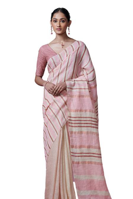 Dressfolk_Pink Linen Beads Handwoven Striped Saree With Running Blouse _Online_at_Aza_Fashions